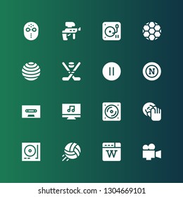 player icon set. Collection of 16 filled player icons included Video, Wikipedia, Volleyball, Turntable, DJ, Vinyl, Music player, Cassette, Napoli, Pause, Hockey, Ball, Paintball