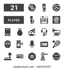 player icon set. Collection of 21 filled player icons included Ball, Hammer game, Pause, Joystick, Tennis, Cassette, Audio, Remote control, Hockey mask, Gramophone, Audio guide