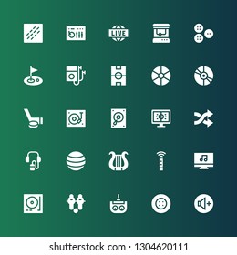 player icon set. Collection of 25 filled player icons included Volume up, Button, Remote control, Football, Turntable, Music player, Lyre, Ball, Audio guide, Shuffle, Record