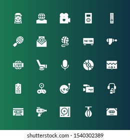 player icon set. Collection of 25 filled player icons included Cassette, Punching ball, Turntable, Blaster, Audio guide, Video, Vinyl, Gameplay, Remote control, Audio, Hockey