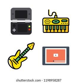 player icon set. vector set about piano, electric guitar, video player and video console icons set.