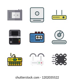 player icon set. vector set about router, piano, recorder and cd player icons set.