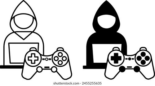 Player Icons. Black and White Vector Icons. Gamer with Laptop and Game Console, Joystick. Computer Games Concept