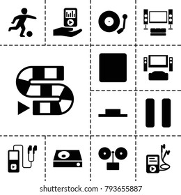Player icons. set of 13 editable filled player icons such as gramophone, dice game, tv system, music pause, pause