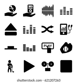 Player icons set. set of 16 player filled icons such as Finger pressing play button, equalizer, music pause, play, stop, eject button, shuffle, CD on hand, baseball glove