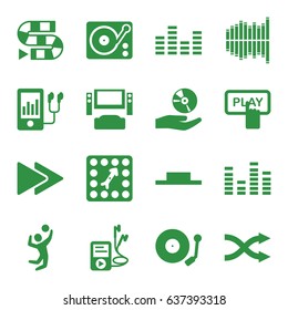 Player icons set. set of 16 player filled icons such as finger pressing play button, equalizer, music pause, fast forward, gramophone, shuffle, cd on hand, board game