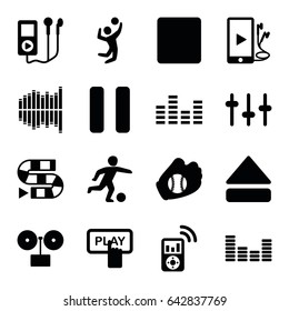 Player icons set. set of 16 player filled icons such as finger pressing play button, equalizer, pause, stop, eject button, phone and earphones, baseball glove, dice game