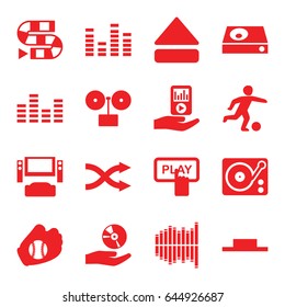 Player icons set. set of 16 player filled icons such as finger pressing play button, equalizer, music pause, eject button, gramophone, shuffle, cd on hand, baseball glove