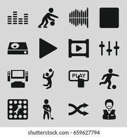 Player icons set. set of 16 player filled icons such as finger pressing play button, casino boy, equalizer, play, stop, shuffle, board game