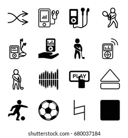 Player icons set. set of 16 player filled and outline icons such as finger pressing play button, stop, equalizer, fotball, eject button, pause, shuffle