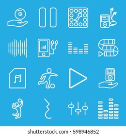 player icons set. Set of 16 player outline icons such as equalizer, play, pause, memory card with music, CD on hand, board game