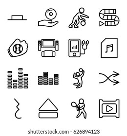 Player icons set. set of 16 player outline icons such as equalizer, music pause, eject button, memory card with music, pause, shuffle, CD on hand, play, tennis playing