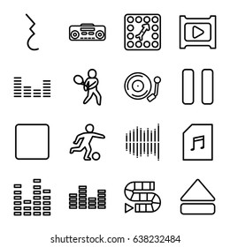 Player icons set. set of 16 player outline icons such as equalizer, pause, stop, eject button, memory card with music, gramophone, play, board game, tennis playing