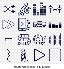 Player icons set. set of 16 player outline icons such as equalizer, music pause, play, stop, fast forward, phone and earphones, pause, shuffle, gramophone