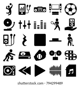 Player icons. set of 25 editable filled player icons such as gramophone, equalizer, music pause, play, stop, play back, memory card with music, pause, tennis playing