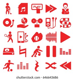 Player icons set. set of 25 player filled icons such as finger pressing play button, casino boy, play, pause, fast forward, play back, equalizer, phone and earphones