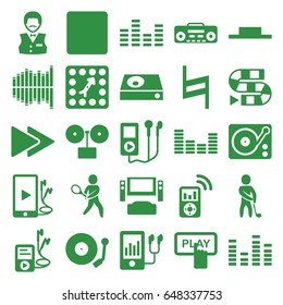 Player icons set. set of 25 player filled icons such as finger pressing play button, casino boy, equalizer, music pause, stop, fast forward, gramophone, phone and earphones