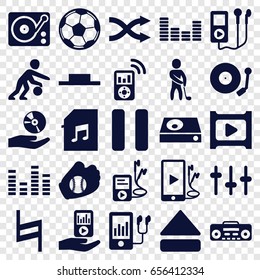 Player icons set. set of 25 player filled icons such as equalizer, music pause, pause, eject button, gramophone, phone and earphones, memory card with music, shuffle