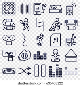 Player icons set. set of 25 player outline icons such as finger pressing play button, casino boy, equalizer, pause, eject button, memory card with music, shuffle, board game