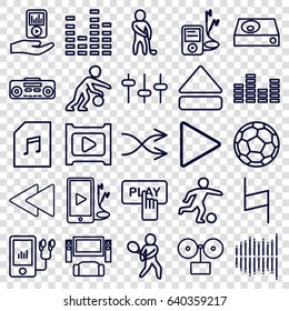Player icons set. set of 25 player outline icons such as finger pressing play button, equalizer, play, eject button, play back, phone and earphones, memory card with music