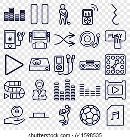 Player icons set. set of 25 player outline icons such as finger pressing play button, casino boy, equalizer, music pause, play, pause, memory card with music, shuffle