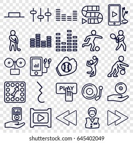 Player icons set. set of 25 player outline icons such as finger pressing play button, casino boy, equalizer, music pause, fast forward, play back, phone and earphones, pause