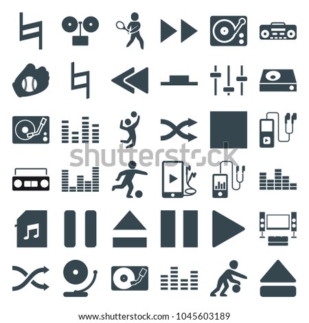 Player icons. set of 36 editable filled player icons such as gramophone, equalizer, music pause, play, pause, eject button, play back, phone and earphones