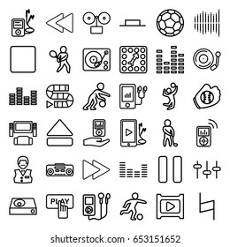 Player icons set. set of 36 player outline icons such as finger pressing play button, casino boy, equalizer, music pause, pause, stop, eject button, fast forward, play back