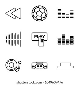 Player icons. set of 9 editable outline player icons such as finger pressing play button, play back, equalizer, record player, gramophone, fotball