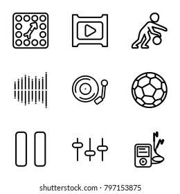 Player icons. set of 9 editable outline player icons such as equalizer, pause, gramophone, play, board game