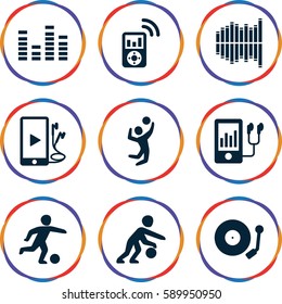 player icons set. Set of 9 player filled icons such as equalizer, phone and earphones