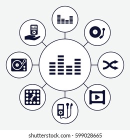 player icons set. Set of 9 player filled icons such as equalizer, gramophone, shuffle, play