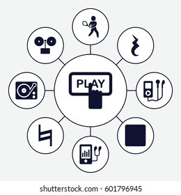 player icons set. Set of 9 player filled icons such as Finger pressing play button, mp3 player, stop, gramophone, pause