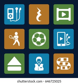 Player icons set. set of 9 player filled icons such as casino boy, eject button, phone and earphones, pause, play, tennis playing, fotball, dice game