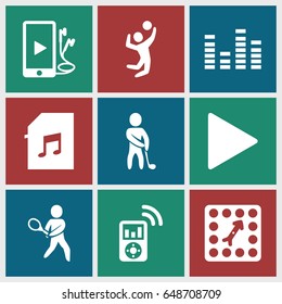 Player icons set. set of 9 player filled icons such as equalizer, play, phone and earphones, memory card with music, board game