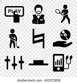 Player icons set. set of 9 player filled icons such as finger pressing play button, casino boy, equalizer, music pause, pause, cd on hand