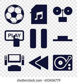 Player icons set. set of 9 player filled icons such as finger pressing play button, music pause, pause, play back, gramophone, memory card with music, fotball