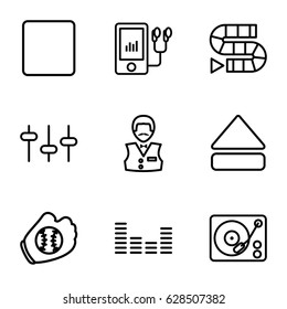 Player icons set. set of 9 player outline icons such as Casino boy, equalizer, mp3 player, stop, eject button, gramophone, baseball glove