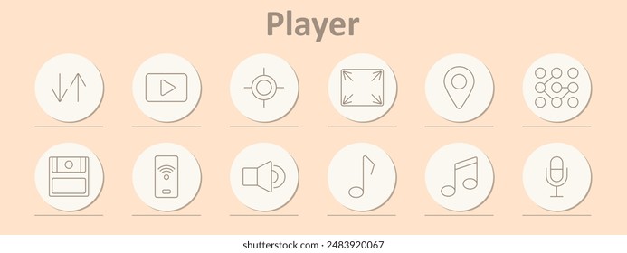 Player icons set. Play, upload, block, stop, backward, forward, record, rewind, full screen, location, music note, speaker, microphone. Line icons on beige background