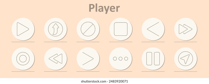 Player icons set. Play, upload, block, stop, backward, forward, record, rewind, full screen, location, music note, speaker, microphone. Line icons on beige background