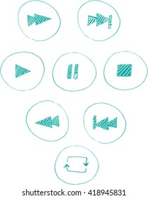 Player icons vector. Hand drawn. Player buttons and symbols. Sketchy styled player controls.