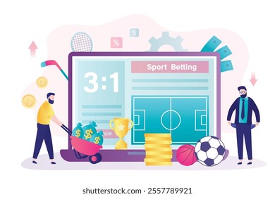 Player with income, gambling, gamers doing betting on sport. Betting platform in laptop app. Loser man loses money on online gambling. Website or application for sport betting. Game bets. flat vector