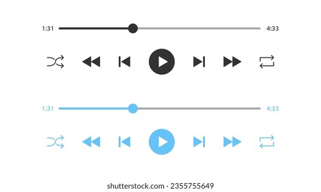 Player interface icon. Audio play signs. Media template symbol. Music bar design symbols. Playlist UI icons. Black, blue color. Vector isolated sign.