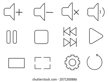 Player interface icons set. Setting sign, playing music, microphone, sound on a mobile device. Turn off the sound, switch to silent mode. Vector image.