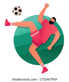 The player jumps and kicks the ball. Attacking football player in team uniform. Vector illustration of a football player in the game
