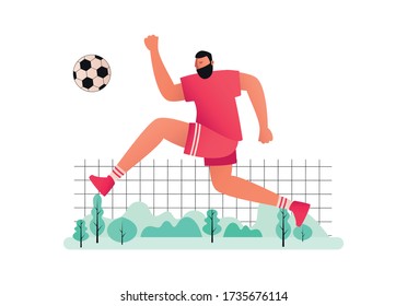 The player jumps and kicks the ball. Attacking player of the football team in equipment. Vector illustration of a football player in the game