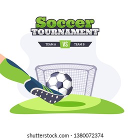 Player kicking the soccer ball with competitive team A, B for Soccer Tournament poster or template design.