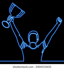 Player lifting trophy Champion icon neon glow vector illustration concept