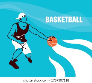 Spieler mit Ball- und Hutdesign, Basketballsport-Hobby-Wettbewerb und Spiel-Thema Vektorgrafik