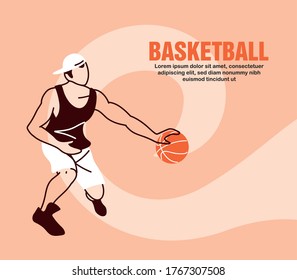 Jugador con diseño de baloncesto y sombrero, competencia de pasatiempos deportivos de baloncesto y tema del juego Ilustración del vector
